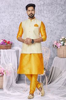 Picture of  Artistic Mustard and Yellow Designer Men’s Kurta Jacket Sets for Haldi, Engagement, Wedding, Festivals, Reception, Sangeet, and Party