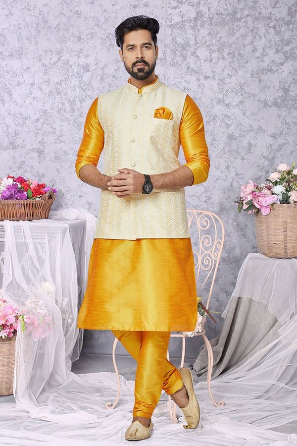 Picture of  Artistic Mustard and Yellow Designer Men’s Kurta Jacket Sets for Haldi, Engagement, Wedding, Festivals, Reception, Sangeet, and Party