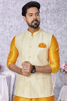 Picture of  Artistic Mustard and Yellow Designer Men’s Kurta Jacket Sets for Haldi, Engagement, Wedding, Festivals, Reception, Sangeet, and Party