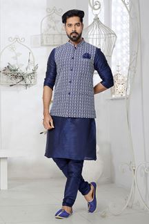 Picture of  Enticing Navy Blue Designer Men’s Kurta Jacket Sets for Engagement, Wedding, Festivals, Reception, Sangeet, and Party
