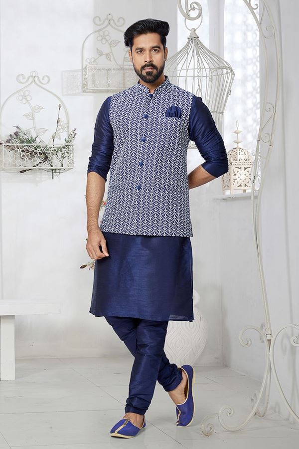 Picture of  Enticing Navy Blue Designer Men’s Kurta Jacket Sets for Engagement, Wedding, Festivals, Reception, Sangeet, and Party