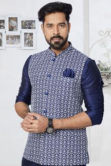 Picture of  Enticing Navy Blue Designer Men’s Kurta Jacket Sets for Engagement, Wedding, Festivals, Reception, Sangeet, and Party