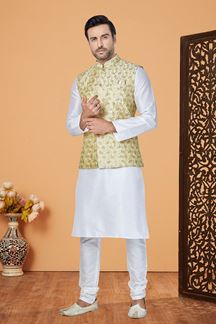Picture of  Splendid White and Lime Green Designer Men’s Kurta Jacket Sets for Engagement, Festivals, Reception, Sangeet, and Party
