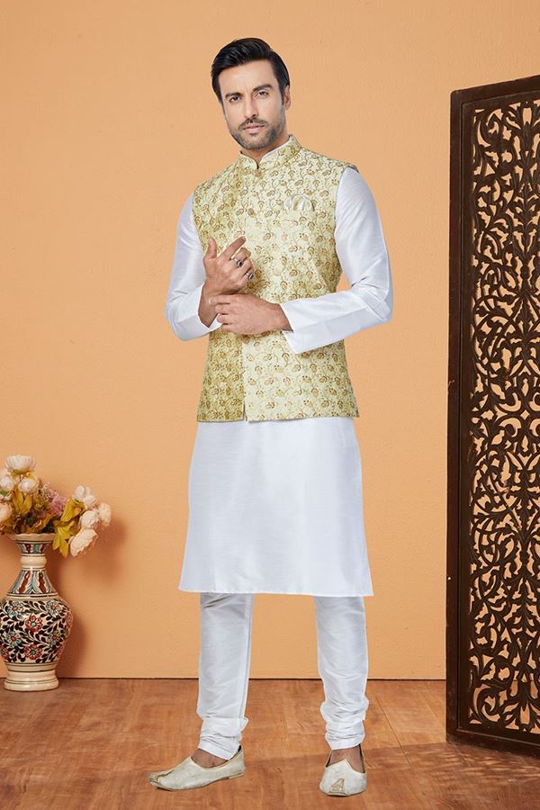 Picture of  Splendid White and Lime Green Designer Men’s Kurta Jacket Sets for Engagement, Festivals, Reception, Sangeet, and Party
