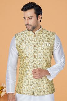 Picture of  Splendid White and Lime Green Designer Men’s Kurta Jacket Sets for Engagement, Festivals, Reception, Sangeet, and Party
