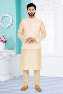Picture of  Royal Cream and Light Peach Designer Men’s Kurta Jacket Sets for Engagement, Festivals, Reception, Sangeet, and Party