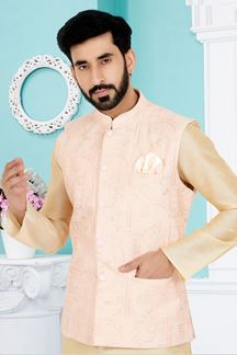 Picture of  Royal Cream and Light Peach Designer Men’s Kurta Jacket Sets for Engagement, Festivals, Reception, Sangeet, and Party