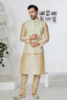 Picture of  Amazing Cream and Light Peach Designer Men’s Kurta Jacket Sets for Engagement, Festivals, Reception, Sangeet, and Party