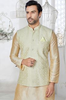 Picture of  Amazing Cream and Light Peach Designer Men’s Kurta Jacket Sets for Engagement, Festivals, Reception, Sangeet, and Party