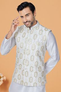 Picture of  Awesome Off-White Designer Men’s Kurta Jacket Sets for Engagement, Festivals, Reception, Sangeet, and Party