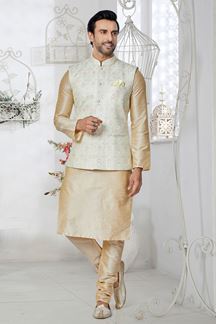 Picture of  Marvelous Cream and Multi Designer Men’s Kurta Jacket Sets for Engagement, Festivals, Reception, Sangeet, and Party