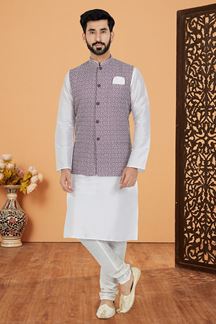 Picture of  Fashionable White and Lavender Designer Men’s Kurta Jacket Sets for Engagement, Reception, Sangeet, and Party