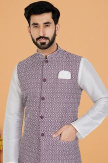 Picture of  Fashionable White and Lavender Designer Men’s Kurta Jacket Sets for Engagement, Reception, Sangeet, and Party