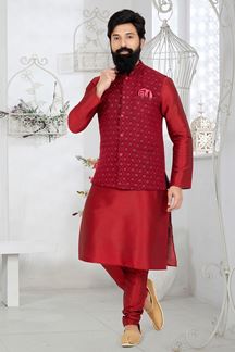 Picture of  Enticing Maroon Designer Men’s Kurta Jacket Sets for Engagement, Wedding, Reception, Sangeet, and Party