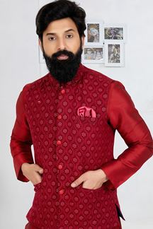 Picture of  Enticing Maroon Designer Men’s Kurta Jacket Sets for Engagement, Wedding, Reception, Sangeet, and Party
