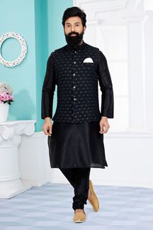Picture of  Appealing Black Designer Men’s Kurta Jacket Sets for Sangeet and Party