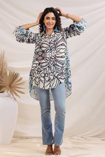 Picture of Charming White and Blue Designer Kurtis for Hangouts, Sangeet, and Parties