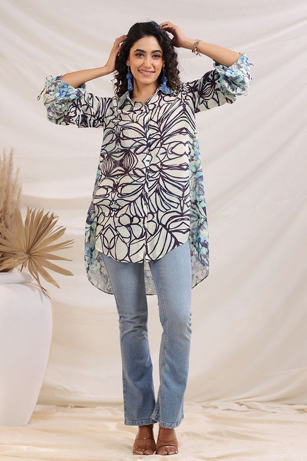 Picture of Charming White and Blue Designer Kurtis for Hangouts, Sangeet, and Parties