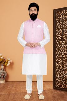 Picture of  Majestic White and Light Pink Designer Men’s Kurta Jacket Sets for Engagement, Reception, Sangeet, and Party