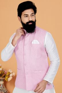 Picture of  Majestic White and Light Pink Designer Men’s Kurta Jacket Sets for Engagement, Reception, Sangeet, and Party