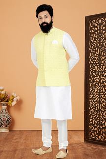 Picture of  Spectacular White and Light Yellow Designer Men’s Kurta Jacket Sets for Haldi, Engagement, Reception, Sangeet, and Party