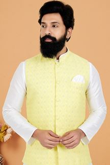 Picture of  Spectacular White and Light Yellow Designer Men’s Kurta Jacket Sets for Haldi, Engagement, Reception, Sangeet, and Party