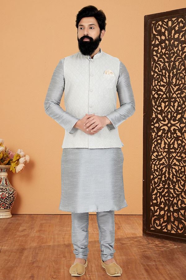 Picture of  Charismatic Grey and Off-White Designer Men’s Kurta Jacket Sets for Engagement, Reception, Sangeet, and Party