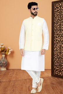 Picture of  Captivating White and Yellow Designer Men’s Kurta Jacket Sets for Haldi, Engagement, Reception, Sangeet, and Party