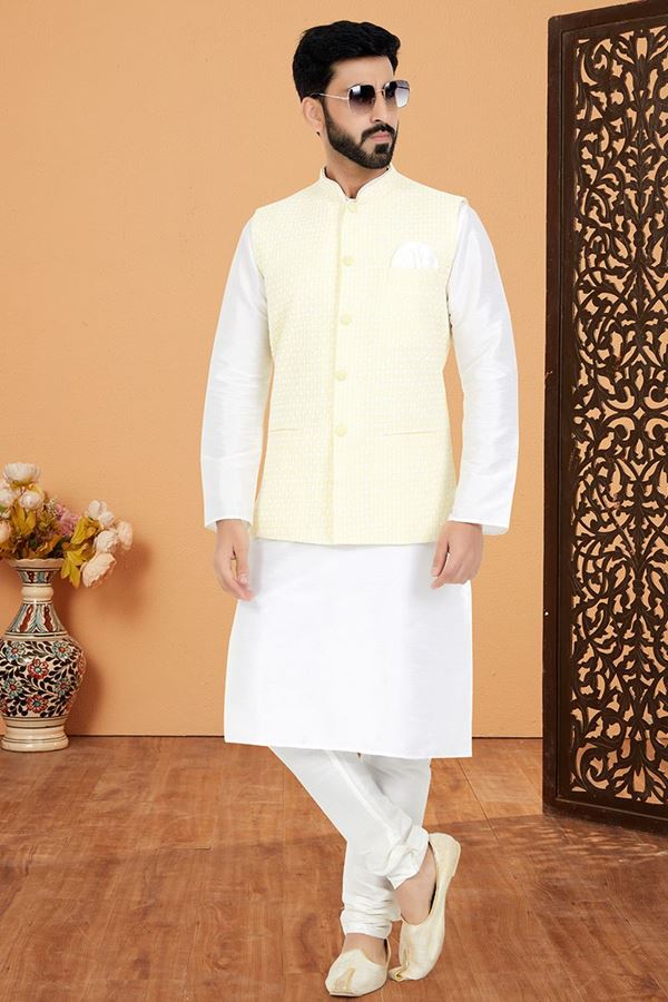 Picture of  Captivating White and Yellow Designer Men’s Kurta Jacket Sets for Haldi, Engagement, Reception, Sangeet, and Party