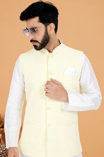 Picture of  Captivating White and Yellow Designer Men’s Kurta Jacket Sets for Haldi, Engagement, Reception, Sangeet, and Party