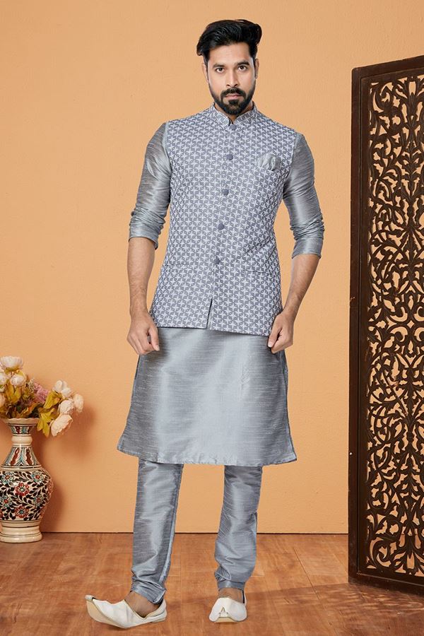 Picture of  Aesthetic Grey Designer Men’s Kurta Jacket Sets for Engagement, Reception, Sangeet, and Party