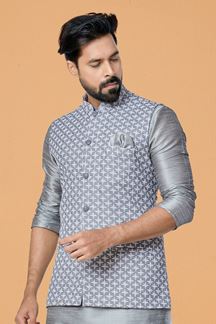 Picture of  Aesthetic Grey Designer Men’s Kurta Jacket Sets for Engagement, Reception, Sangeet, and Party
