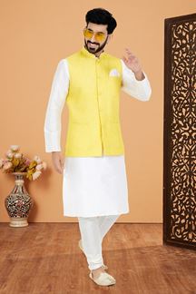 Picture of  Stylish White and Yellow Designer Men’s Kurta Jacket Sets for Haldi, Engagement, Reception, Sangeet, and Party