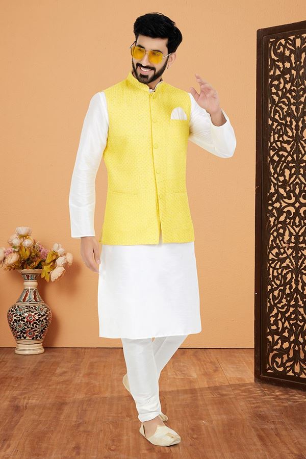Picture of  Stylish White and Yellow Designer Men’s Kurta Jacket Sets for Haldi, Engagement, Reception, Sangeet, and Party