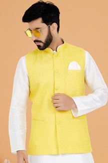 Picture of  Stylish White and Yellow Designer Men’s Kurta Jacket Sets for Haldi, Engagement, Reception, Sangeet, and Party