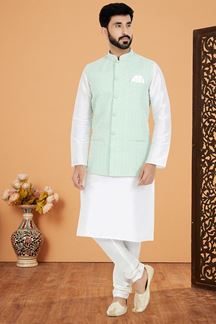 Picture of  Attractive White and Mint Green Designer Men’s Kurta Jacket Sets for Engagement, Reception, Sangeet, and Party