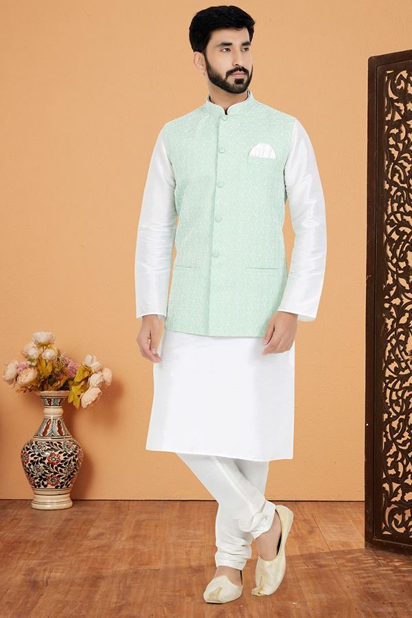 Picture of  Attractive White and Mint Green Designer Men’s Kurta Jacket Sets for Engagement, Reception, Sangeet, and Party