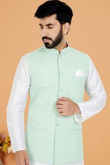 Picture of  Attractive White and Mint Green Designer Men’s Kurta Jacket Sets for Engagement, Reception, Sangeet, and Party