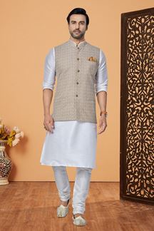 Picture of  Dashing Off-White and Light Brown Designer Men’s Kurta Jacket Sets for Engagement, Reception, Festivals, Sangeet, and Party