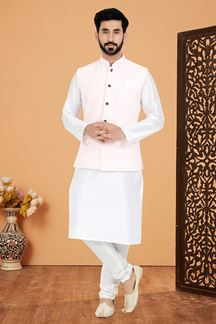 Picture of  Elegant White and Light Pink Designer Men’s Kurta Jacket Sets for Engagement, Reception, Festivals, Sangeet, and Party
