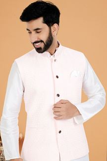 Picture of  Elegant White and Light Pink Designer Men’s Kurta Jacket Sets for Engagement, Reception, Festivals, Sangeet, and Party