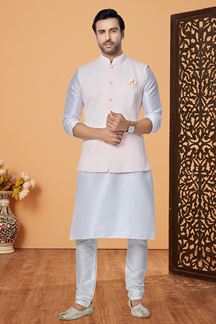 Picture of  Fancy Off-White and Light Pink Designer Men’s Kurta Jacket Sets for Engagement, Reception, Festivals, Sangeet, and Party