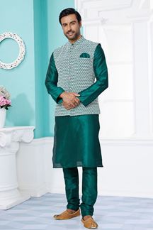 Picture of  Marvelous Rama Green Designer Men’s Kurta Jacket Sets for Engagement, Reception, Festivals, Sangeet, and Party