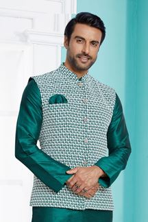 Picture of  Marvelous Rama Green Designer Men’s Kurta Jacket Sets for Engagement, Reception, Festivals, Sangeet, and Party