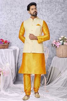 Picture of  Awesome Mustard and Light Yellow Designer Men’s Kurta Jacket Sets for Haldi, Engagement, Reception, Festivals, Sangeet, and Party