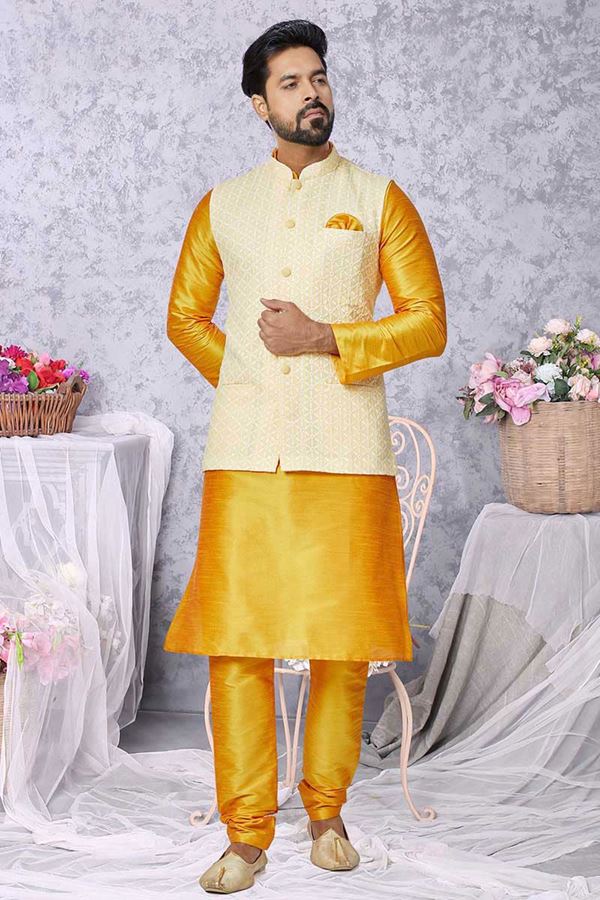 Picture of  Awesome Mustard and Light Yellow Designer Men’s Kurta Jacket Sets for Haldi, Engagement, Reception, Festivals, Sangeet, and Party