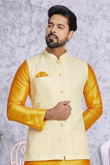 Picture of  Awesome Mustard and Light Yellow Designer Men’s Kurta Jacket Sets for Haldi, Engagement, Reception, Festivals, Sangeet, and Party