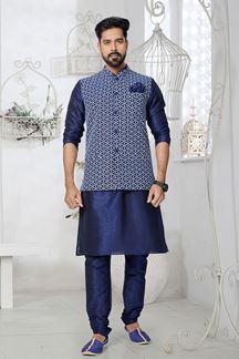 Picture of  Amazing Navy Blue Designer Men’s Kurta Jacket Sets for Engagement, Wedding, Reception, Festivals, Sangeet, and Party