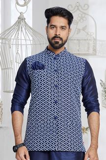 Picture of  Amazing Navy Blue Designer Men’s Kurta Jacket Sets for Engagement, Wedding, Reception, Festivals, Sangeet, and Party