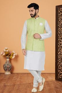 Picture of  Royal White and Pista Designer Men’s Kurta Jacket Sets for Engagement, Reception, Festivals, Sangeet, and Party